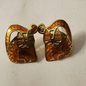 Rare Find!vintage Laurel Burch Mythical Cat Gold Orange cloisonné earrings